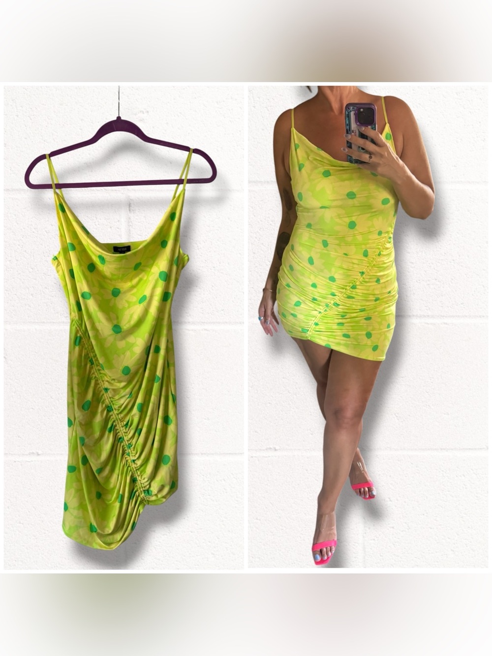 AFRM Lime Green Retro Floral Ruched Slip Mini Dress, Large